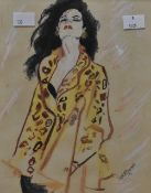Artist unknown, pastel drawing of a woman in leopard print coat, indistinctly signed lower right,
