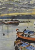 J Shuttleworth, a watercolour painting 'Lochside Moorings' dated on reverse, within blue mount, in a
