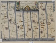 After John Ogilby (British 1600-1676) hand-coloured engraving, a strip map depicting the roads