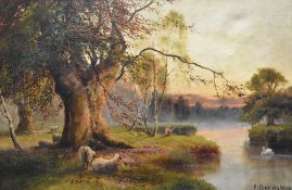 Arthur Wynne (British, 19th Century) 'In Burnham Beeches' oil on canvas showing sheep grazing by a