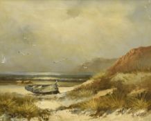 A group of three 20th century school coastal scenes, oil on canvas, the first a stormy lighthouse
