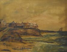 A 19th century naive school oil on canvas, coastal town with figures, unsigned within a moulded gilt