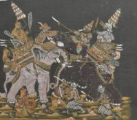 Three attractive Thai silk polychrome screen prints, traditional warriors with chariots and