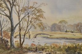 20th Century School, watercolour, Embsay, near Skipton, Yorkshire, a stone arched bridge with river,