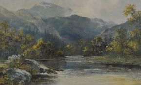 Artist unknown, colour print showing cattle in a riverside scene, within cream washline mount and