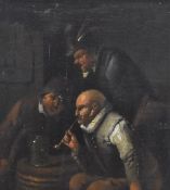 A 19th century continental school oil on oak panel, tavern interior scene with three figures, within
