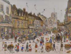Diane Elson (British b.1953) ink and watercolour, vibrant street scene 'Stratford upon Avon'