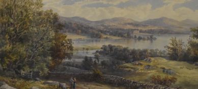 19th/20th Century School watercolour, an attractive Victorian landscape depicting figures walking