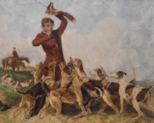 After Richard Ansdell British, (1815–1885), watercolour 'The Huntsman and Hounds', within green card