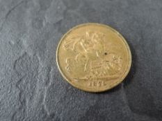 A 1879 Queen Victoria Gold Sovereign, George & Dragon, young head, Melbourne Mint, 8g