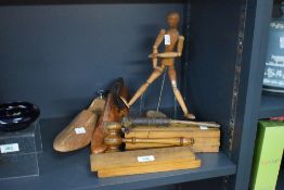 A vintage wood pencil box having a rotating tray, L23cm, sold together with a wooden gavel,