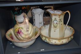 A large yellow Cranford Ware jug and bowl, decorated having a country scene medallion, makers mark