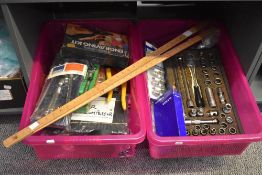 Two large boxes containing various tools, to include a 9 piece wobble extension bar set, a Stahl