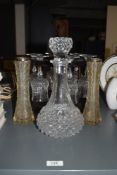 A 20th century mahogany decanter stand with a crystal cut decanter and 6 glasses, h20cm, sold