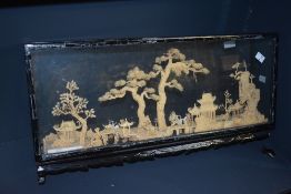 A vintage Chinese three dimentional cork art diorama under a glass and black lacqured case,