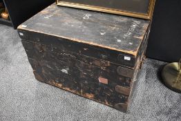 An early 20th century pine and iron bond kist or storage box, number '8' and name 'Howell' printed