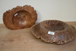 A red gum burl wondue wood bowl, having natural live edge, w33cm, sold together with burr wood bowl,