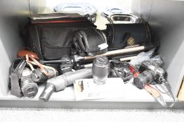 A large collection of camera equipment, to include a Cobra Auto 250 zoom head, a Tamron C6FH