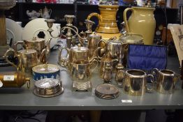 A selection of silver plated wares, to include tea pots, salt and pepper, spoons, candle holder ect,