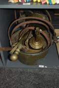 A large pair of late 19th / early 20th century brass jam pans, w30cm, sold together with two smaller