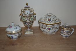 A group of four attractive 20th century Dresden porcelain lidded items, comprising urn with rams