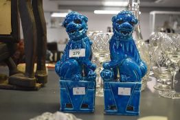 A pair of early 20th century Chinese Wai Ming / Foo Temple dogs, decorated having a vibrant blue