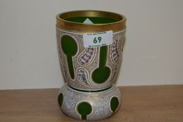 A late 19th / early 20th century Bohemian overlam glass vase, having gold rim and hand painted