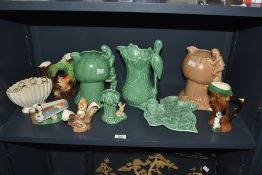 A large teal green Sylvac ceramic pitcher having stork handle, h25cm, sold alongside various other