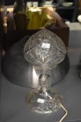 A mid-century crystal cut mushroom table lamp, h31cm, sold together with a large metal industrial