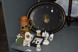 A mixed lot including a paper-mache tray with Mother of Pearl inlays, a Royal Doulton stoneware ewer