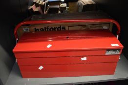 A modern red metal Halfords professional cantilever tool box, L54cm