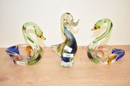 A large studio glass paperweight in the form of a duck, h19cm, sold together with a pair of studio