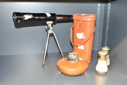 A vintage Tasco 'Orbit 30x30mm' miniature telescope on tripod legs and leather carry case, h19cm,