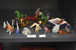 A group of miniature hand blown animal figures, to include a tropical sea fish, whippet, fox, horse,