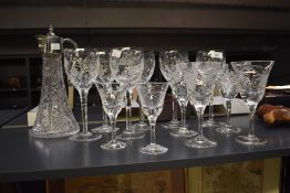 A selection of Royal Brierley 'fuchsia etched' crystal glass, to include a silver plate decanter,