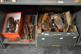 A box containing various tradesman tools, to include a pair of Salter pocket sprint balance's, a