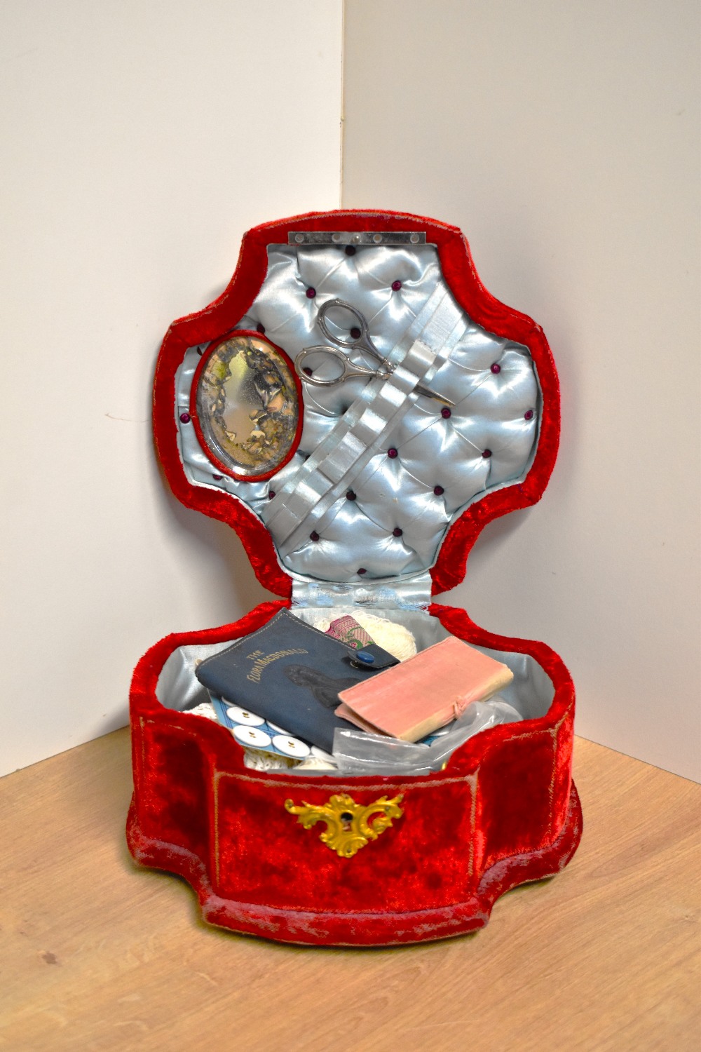 A Victorian sewing chest / box in orange velvet with brass fixings, having inner drawers labelled ' - Image 11 of 33