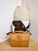Three vintage handbags. A structured cross body bag in brown and cream cow hide, made in Ecuador,