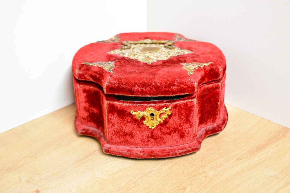 A Victorian sewing chest / box in orange velvet with brass fixings, having inner drawers labelled ' - Image 9 of 33
