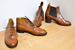 Two pairs of Russell & Bromley boots, in tan Italian leather, one pair a vintage lace-up style