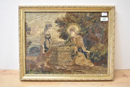 A framed antique embroidery on silk depicting Christ with Mary Magdelane at a wishing/water well, in