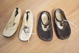 Two pairs of vintage early years' girls Mary-Jane shoes, a cream scalloped edge pair and a brown