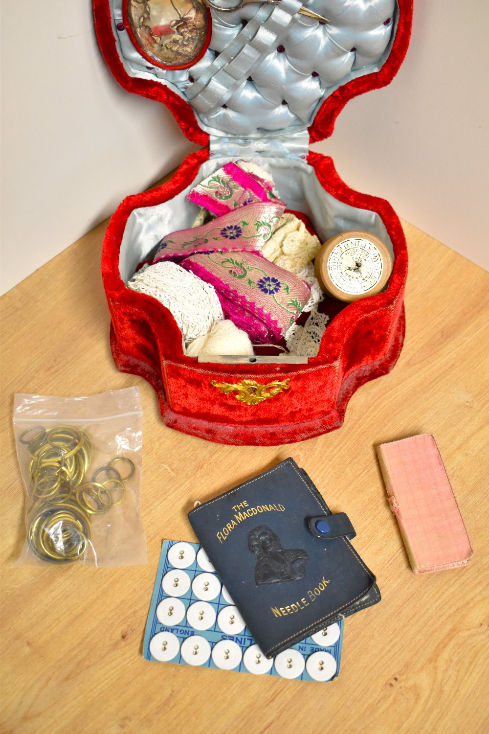 A Victorian sewing chest / box in orange velvet with brass fixings, having inner drawers labelled ' - Image 3 of 33