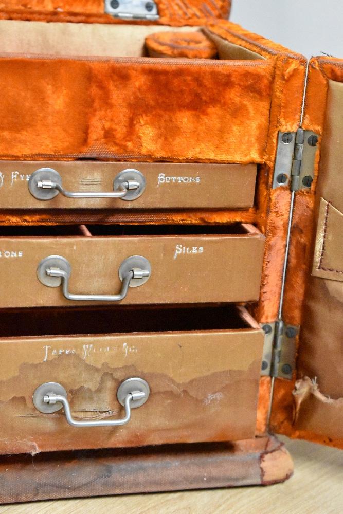 A Victorian sewing chest / box in orange velvet with brass fixings, having inner drawers labelled ' - Image 22 of 33