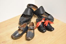 Three pairs of charming antique clogs, including an rare and unusual Mary-Jane style pair, in