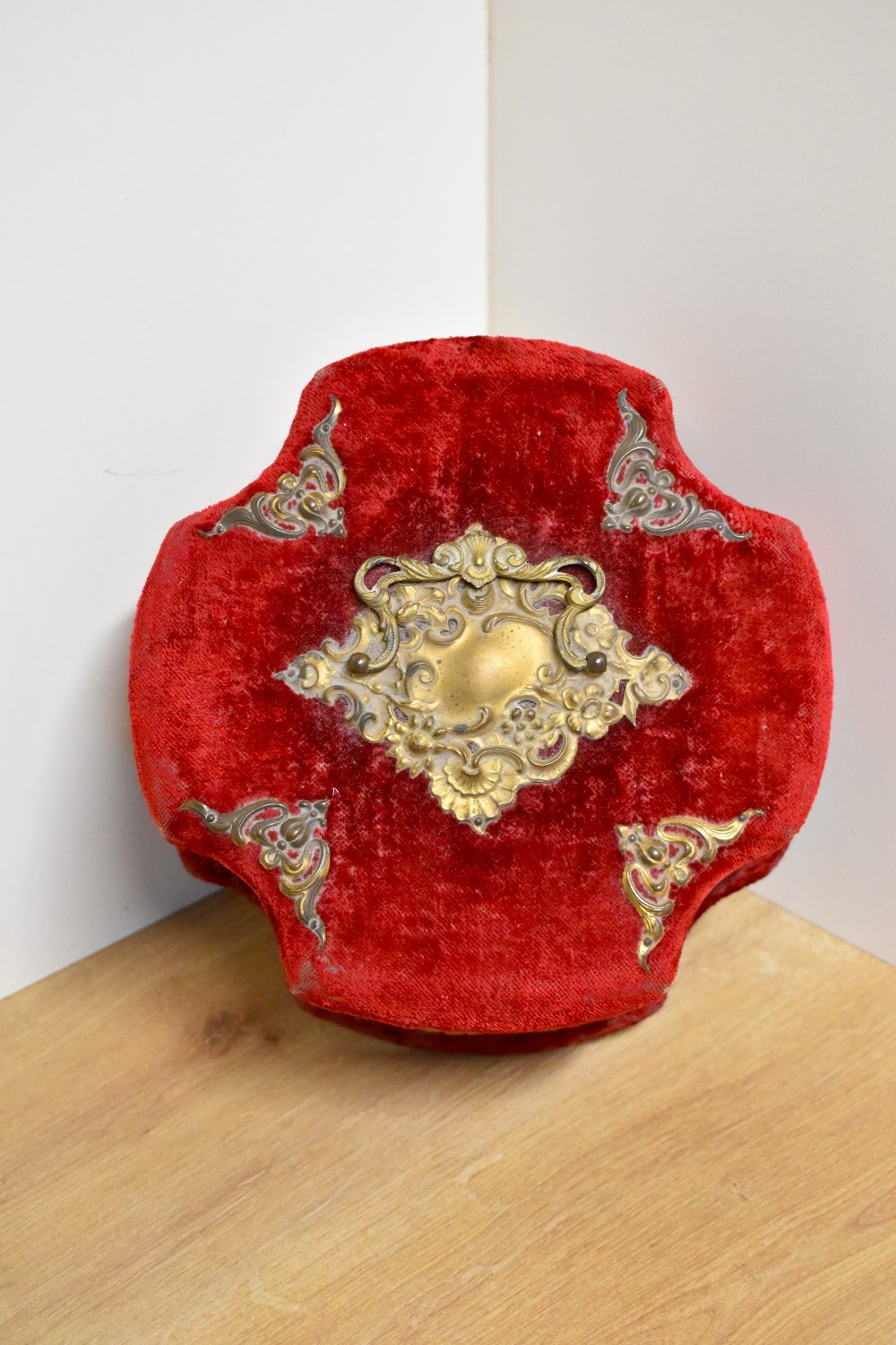 A Victorian sewing chest / box in orange velvet with brass fixings, having inner drawers labelled ' - Image 6 of 33