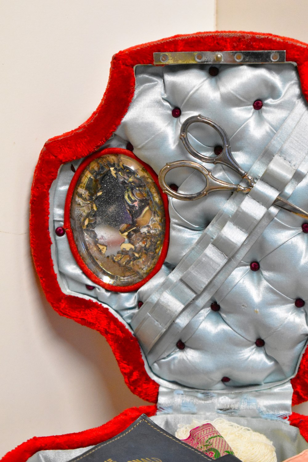 A Victorian sewing chest / box in orange velvet with brass fixings, having inner drawers labelled ' - Image 13 of 33