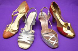 Four pairs of mid-century dancers heels, sizes 5-8.5. A pair of orange satin style oriental