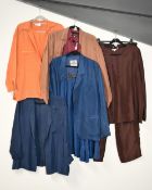 A quantity of vintage ladies silk garments, comprising two trouser suits: Karen Wang in chocolate