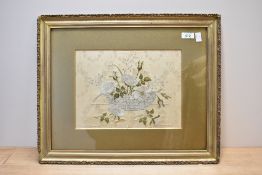 20th century embroidery of flowers arranged in a bowl, on gold jacquard fabric, in a bronze-effect